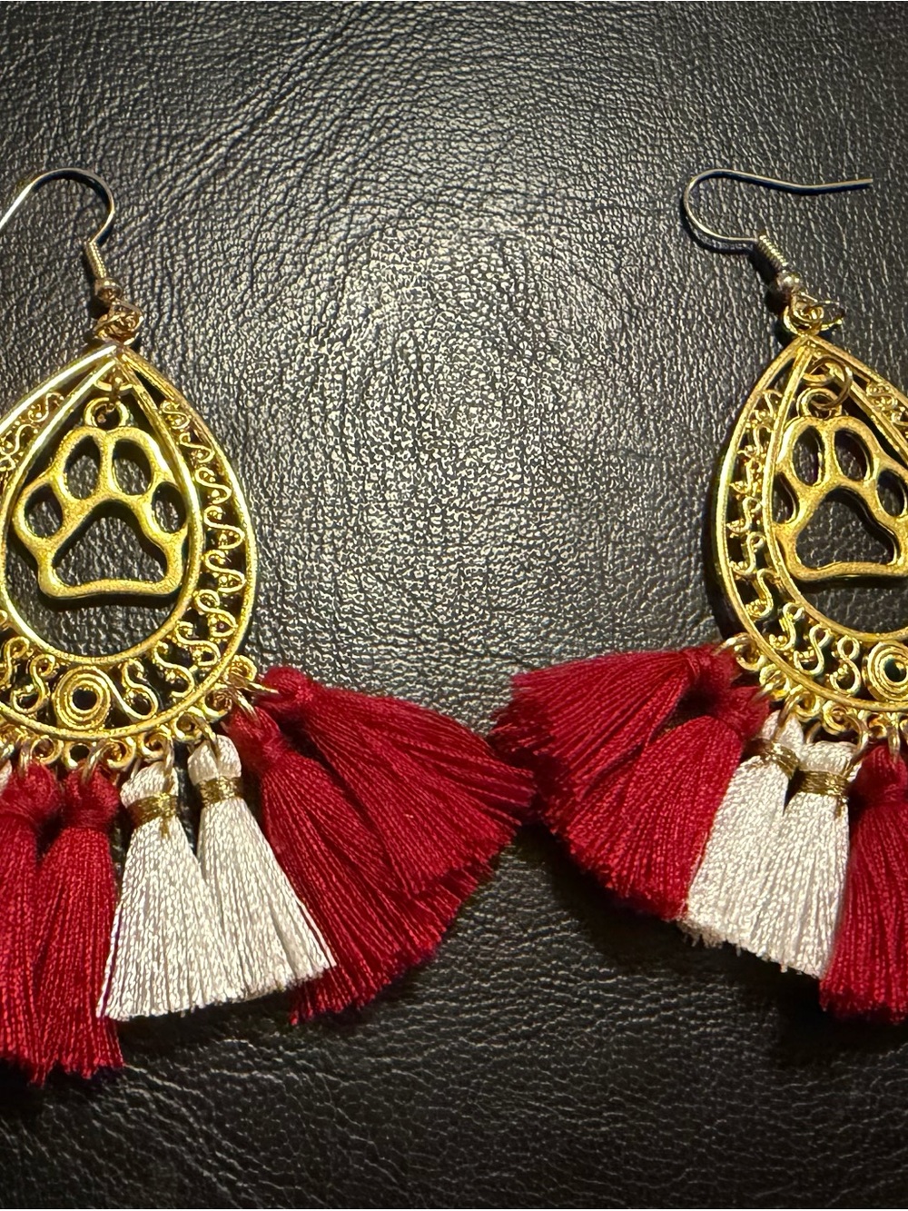 Handmade Gold Paw Teardrop Tassel Earrings - Red & Cream